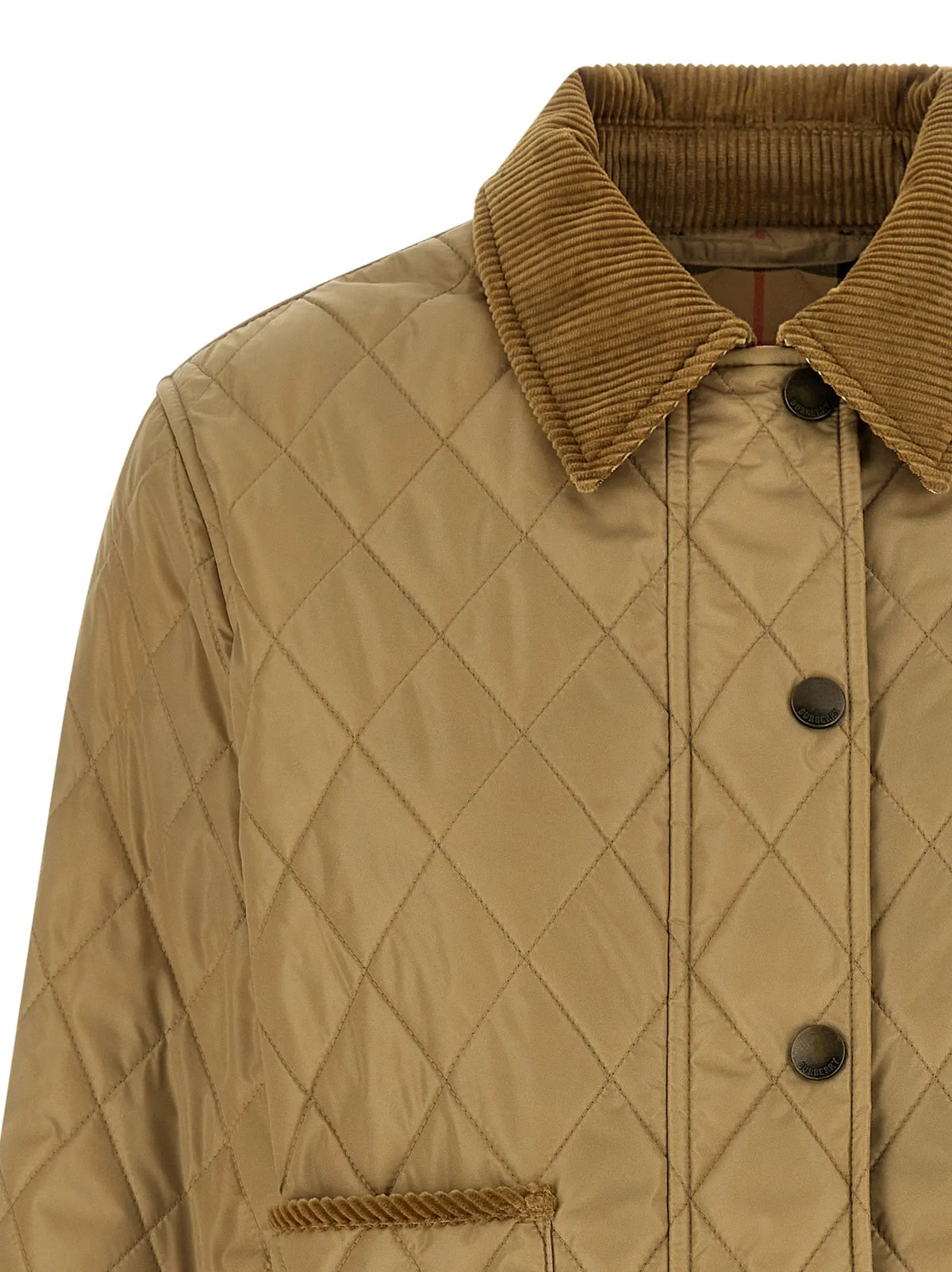 Veste beige burberry en polyamide avec col en velours côtelé et boutons marron foncé matelassée couleur tan