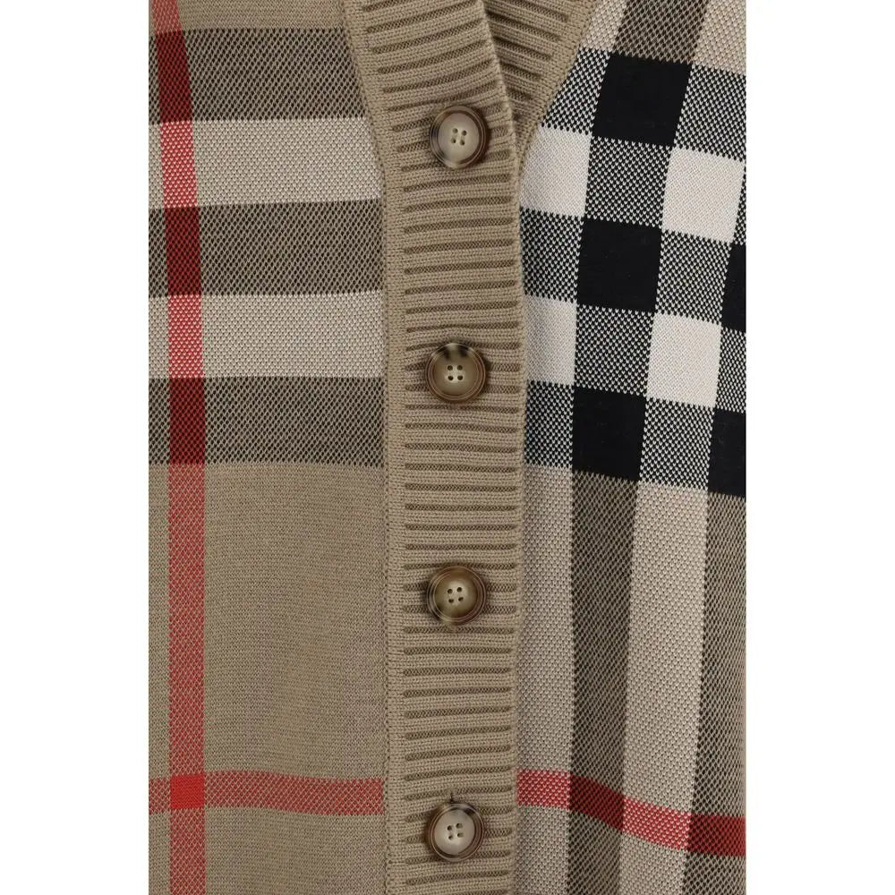 Cardigan en maille beige rouge et noir à carreaux avec boutons marron burberry en polyester