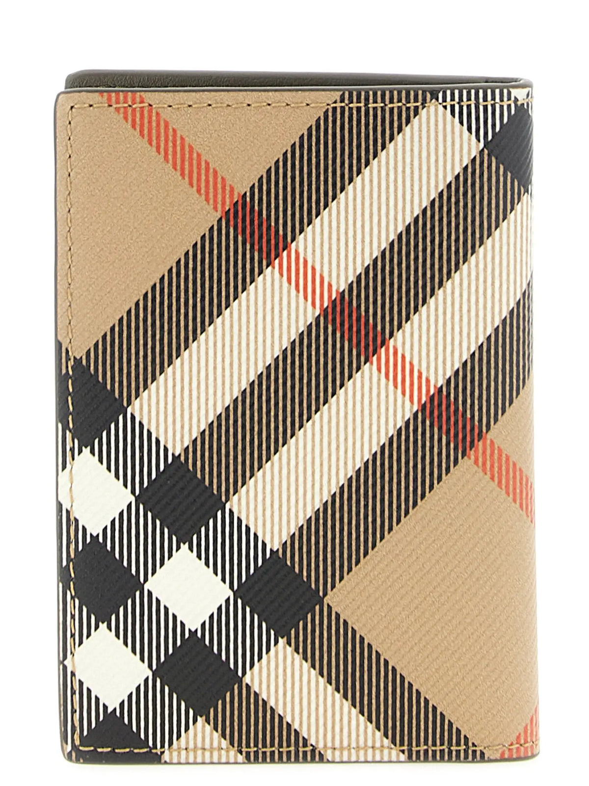 Porte-passeport en cuir checkered beige noir et rouge burberry avec coutures visibles et cardholder en polyéthylène