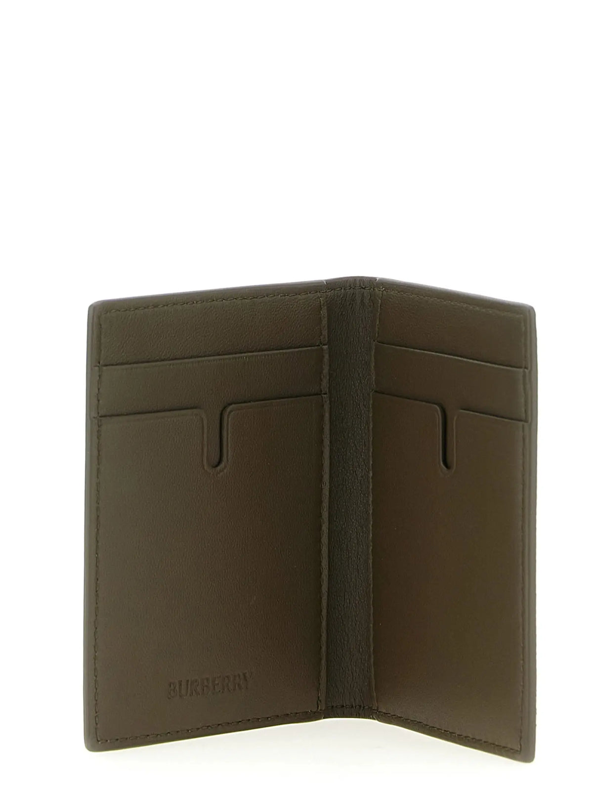Porte-cartes burberry beige en polyéthylène avec portefeuille en cuir vert olive foncé et plusieurs compartiments à cartes