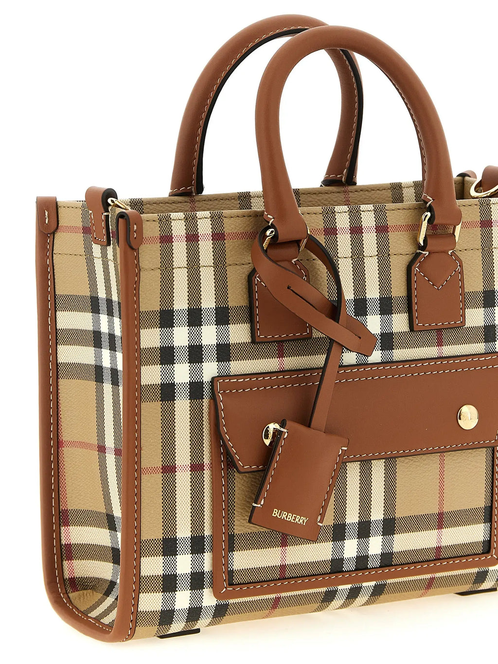 Sac tote burberry beige en polyéthylène avec motif à carreaux beige noir blanc et rouge et poignées en cuir marron