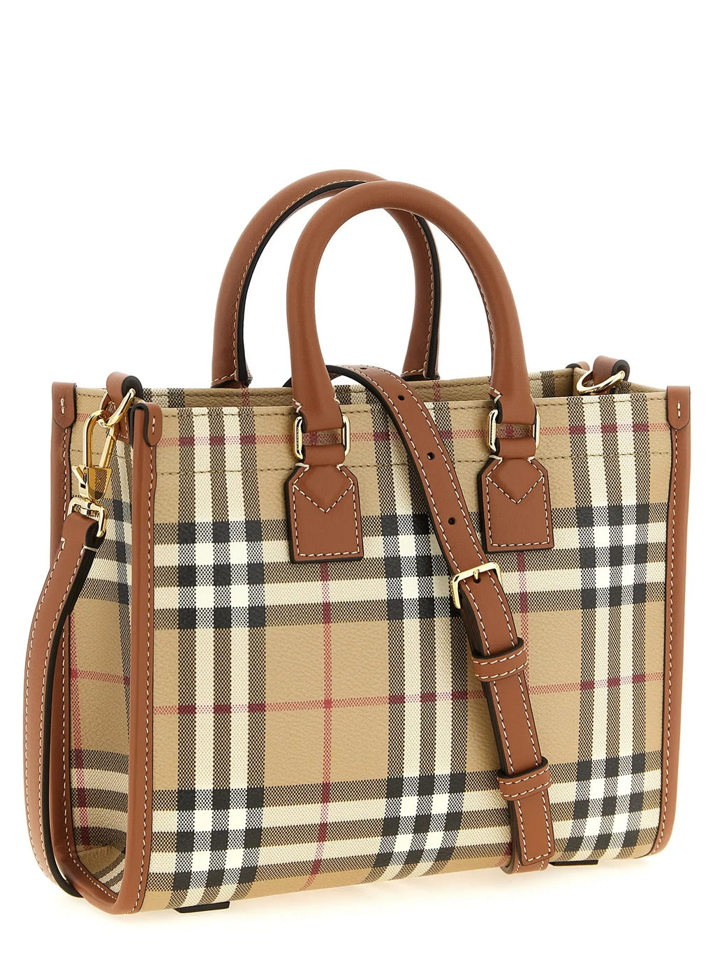 Sac cabas burberry beige en polyéthylène avec poignée en cuir marron et motif écossais beige noir blanc rouge