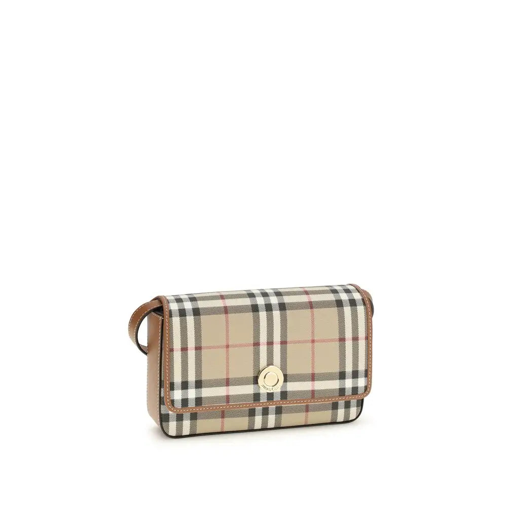 Sac bandoulière burberry beige en polyuréthane avec motif à carreaux beige noir et rouge, garniture en cuir camel et fermeture circulaire dorée
