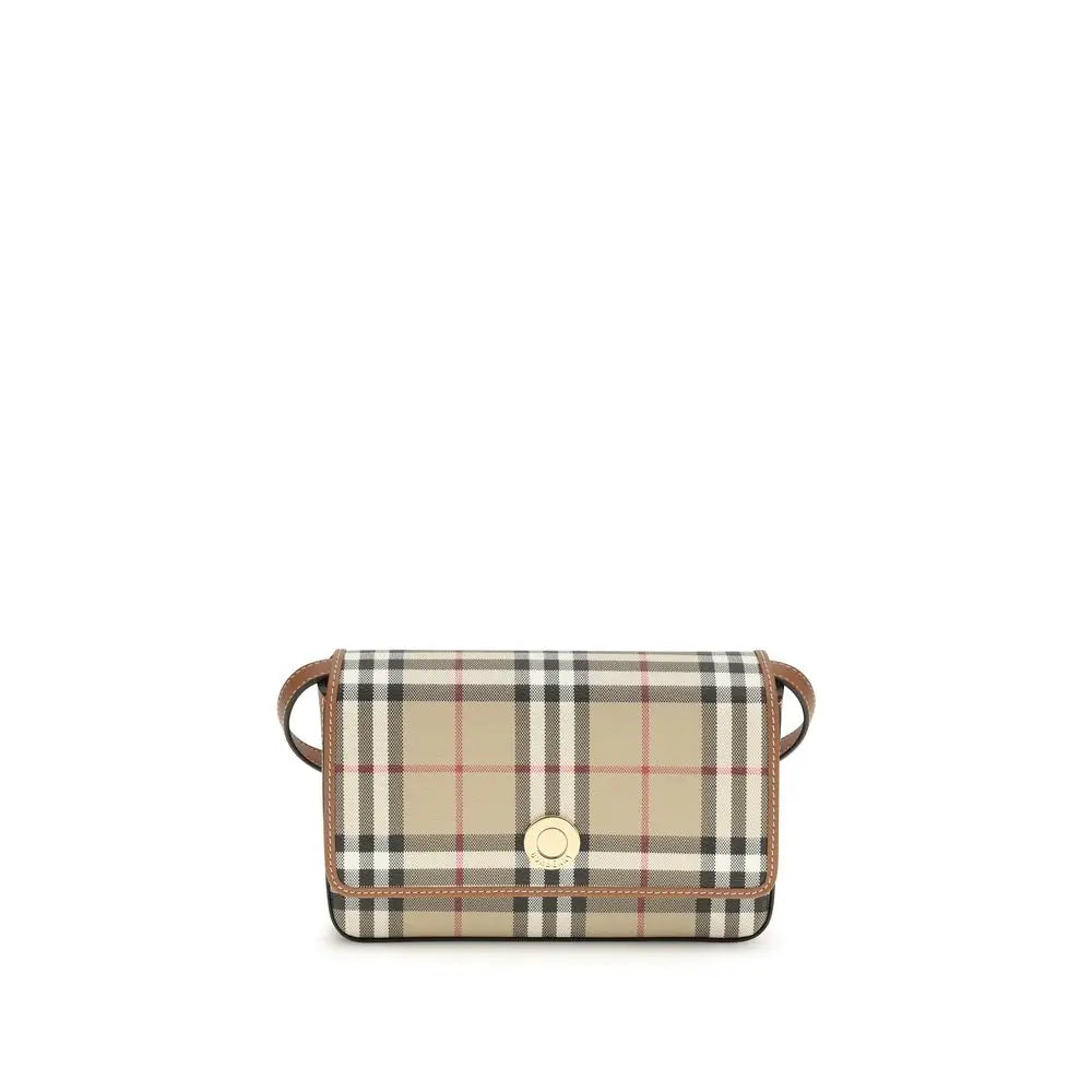 Sac bandoulière burberry beige en cuir polyuréthane avec motif écossais noir et rouge et bordure en cuir marron