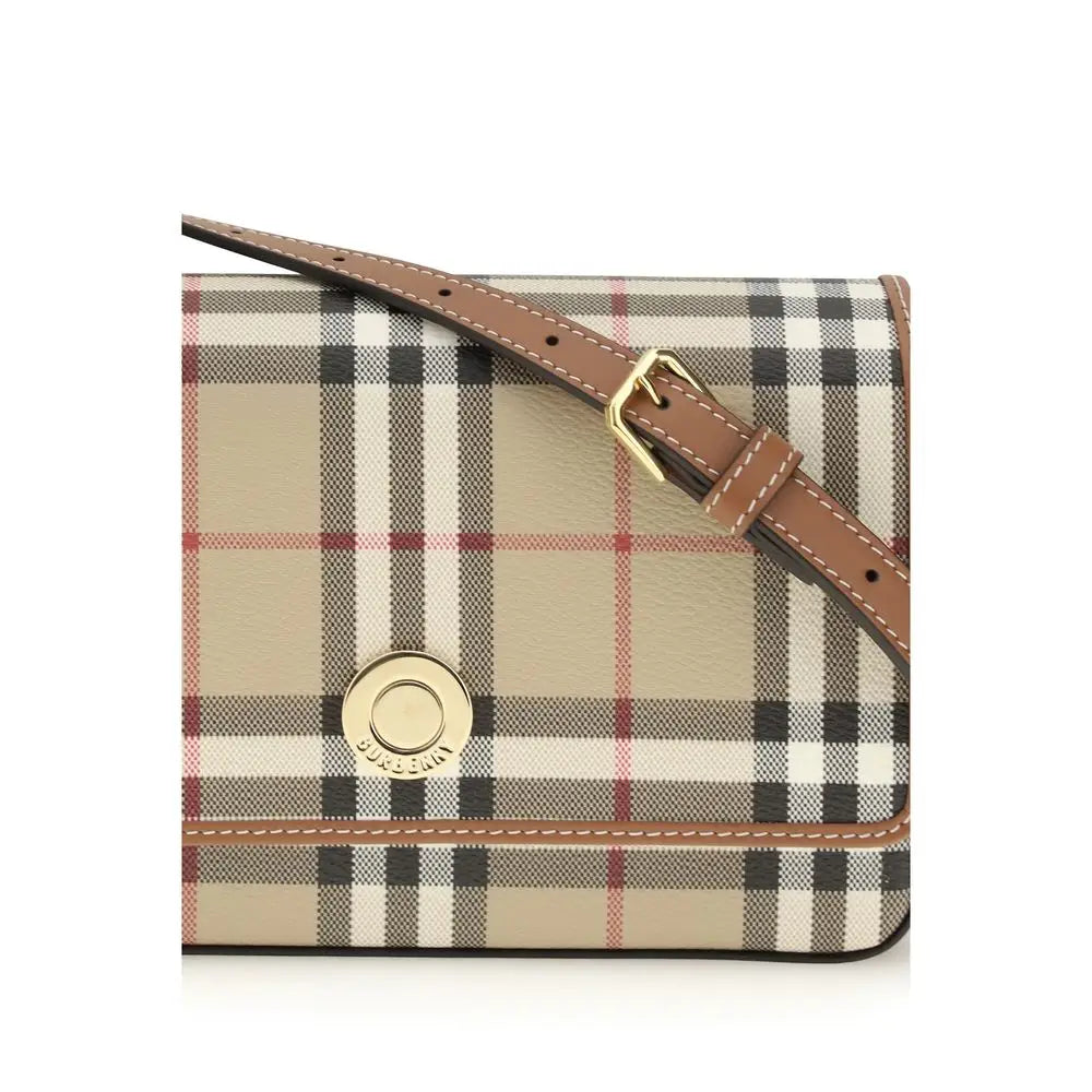 Sac bandoulière burberry beige en polyuréthane à motif à carreaux beige noir blanc et rouge avec strap en cuir marron et détails dorés
