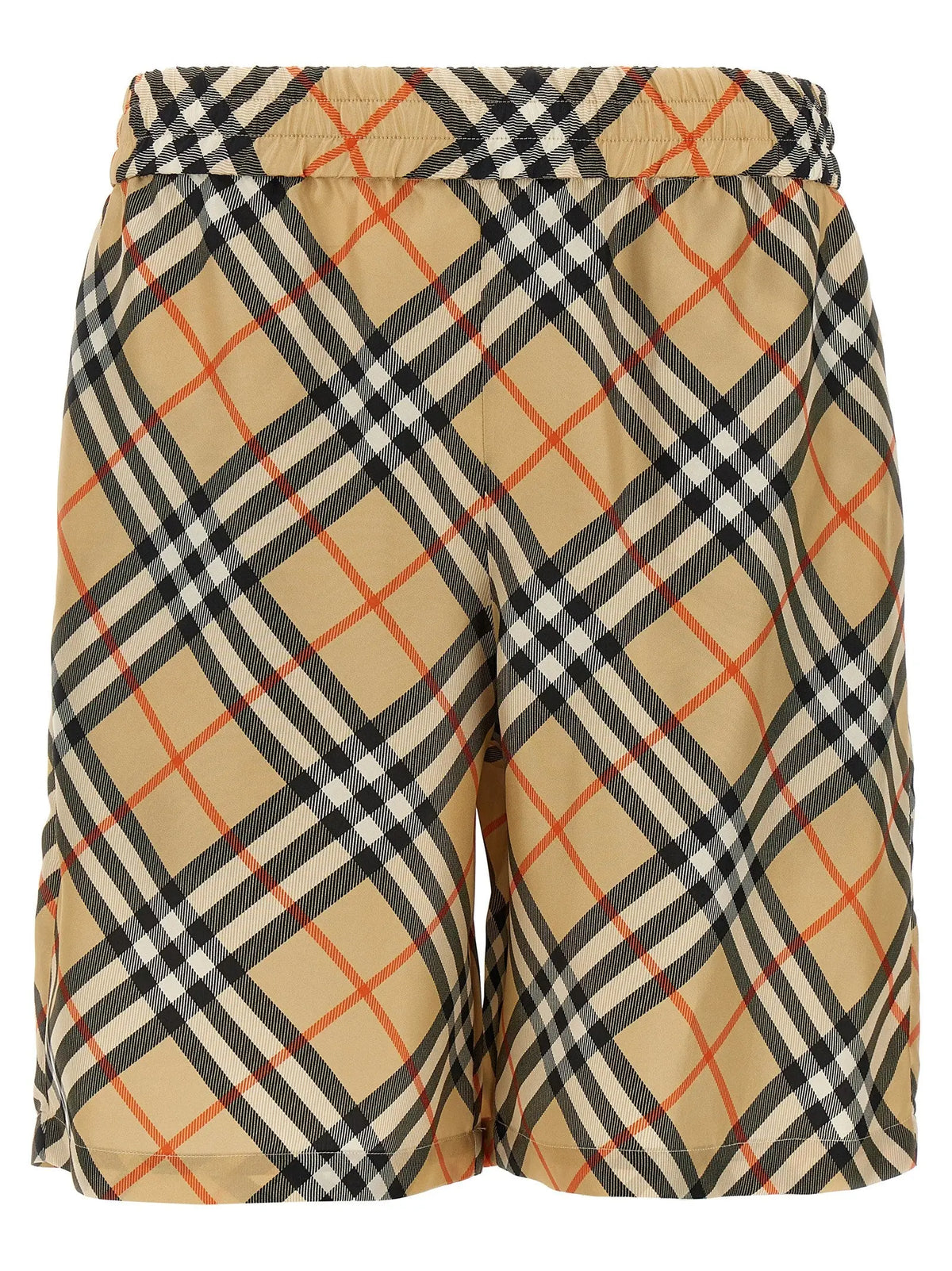 Short bermuda en satin beige burberry à carreaux beiges noirs blancs et orange avec taille élastique