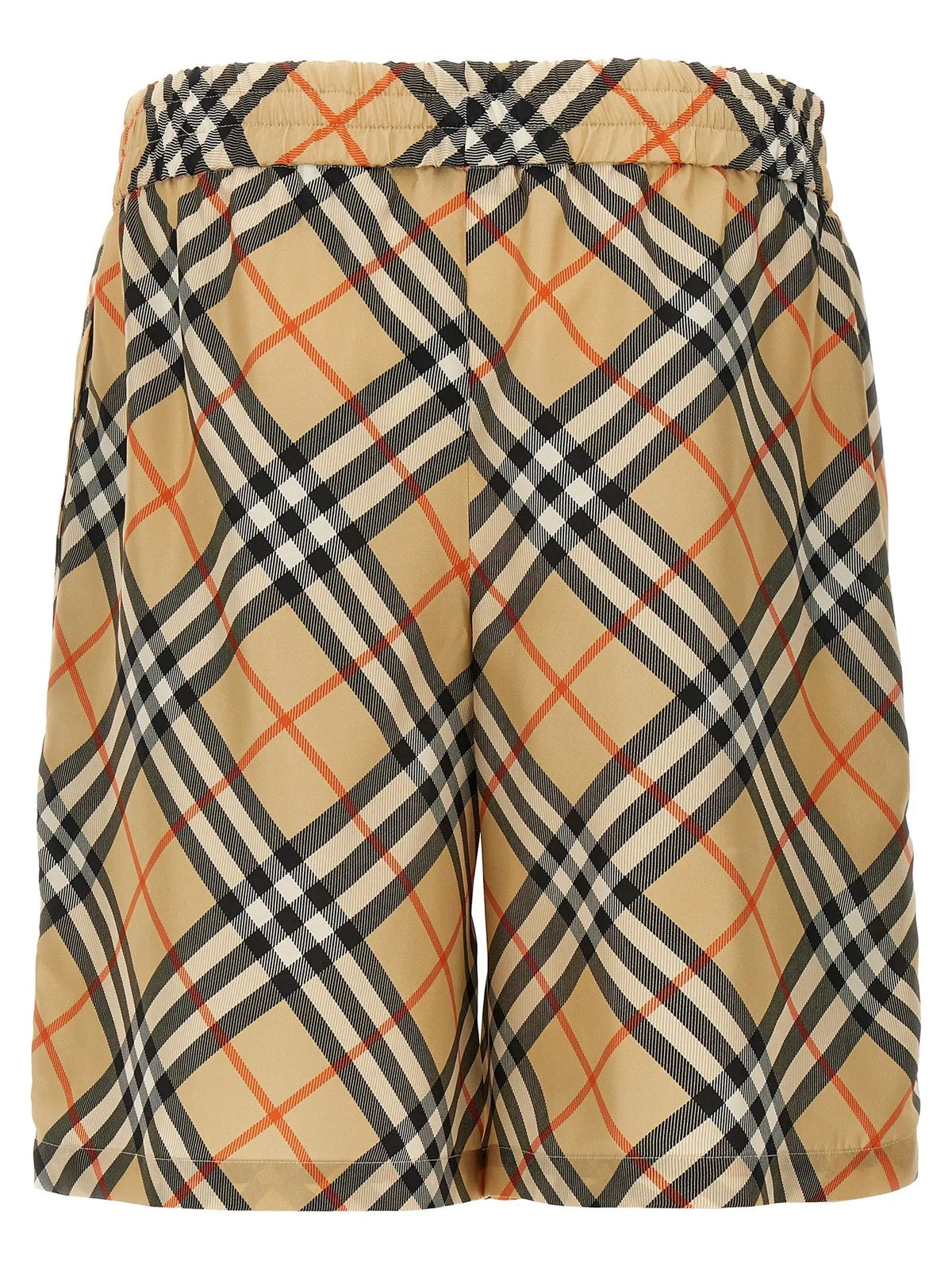 Short beige burberry satin bermuda shorts with black white and orange checkered pattern and elastic waistband