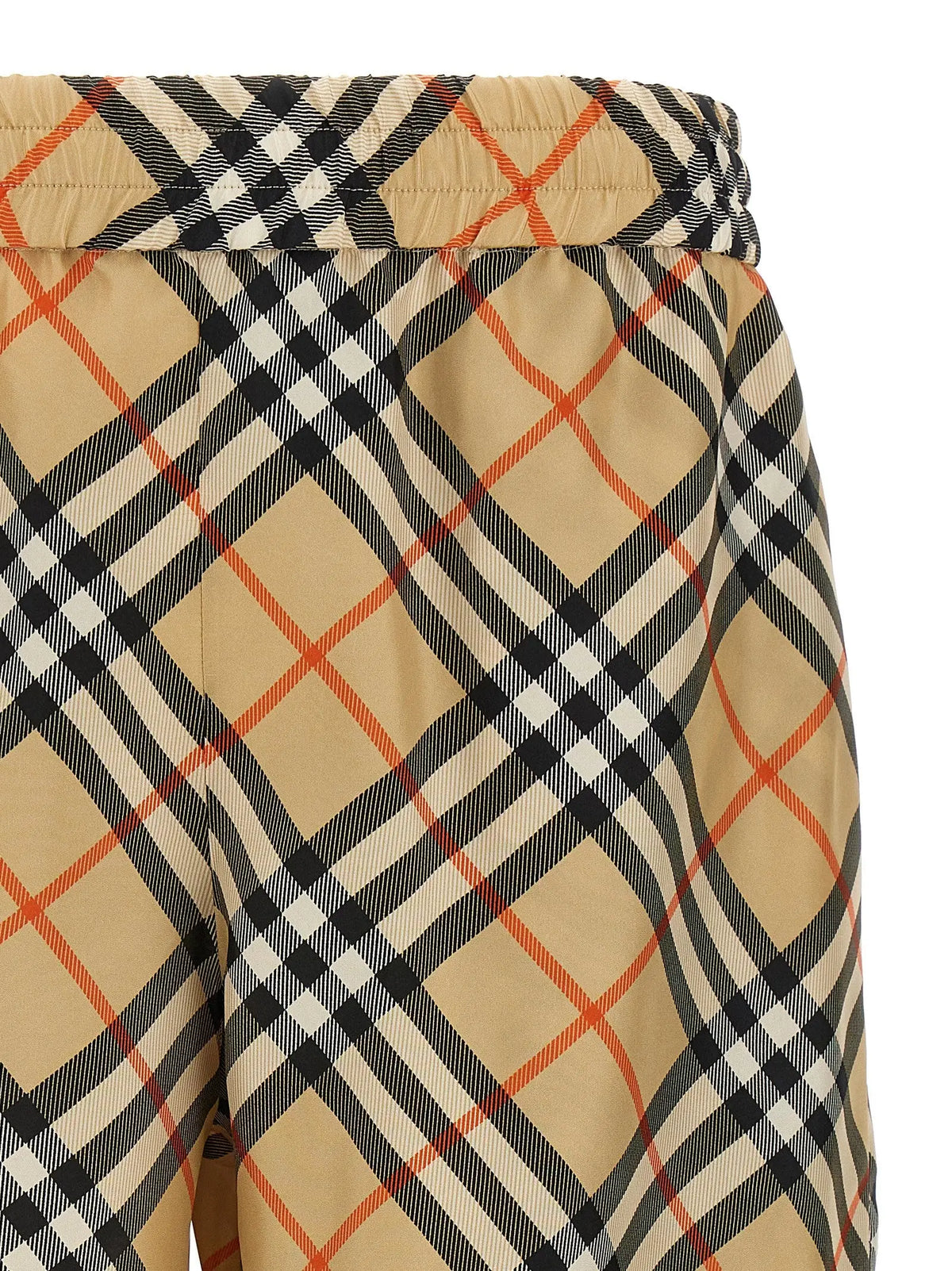Burberry beige satin bermuda shorts in beige black white and orange checkered cotton with drawstring waistband