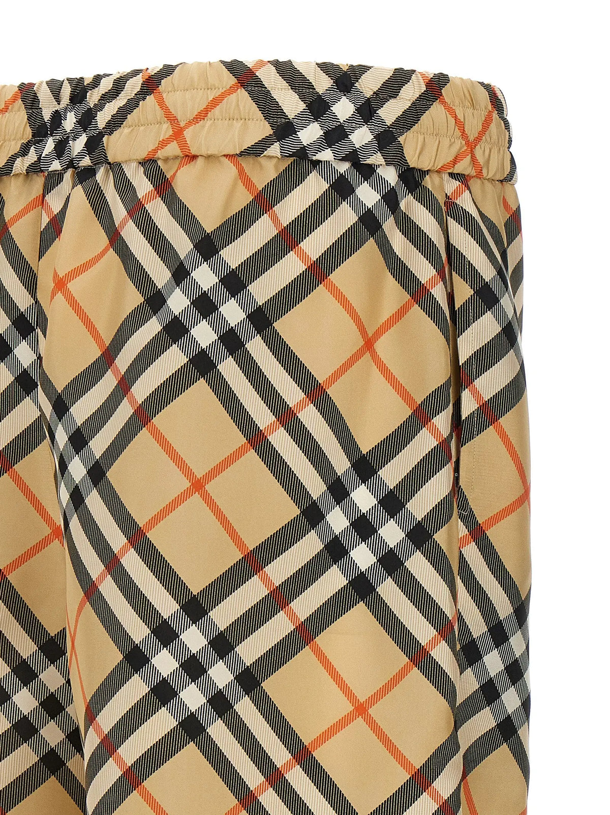 Bermuda satin beige burberry à carreaux beige noir blanc et orange avec taille élastique de face