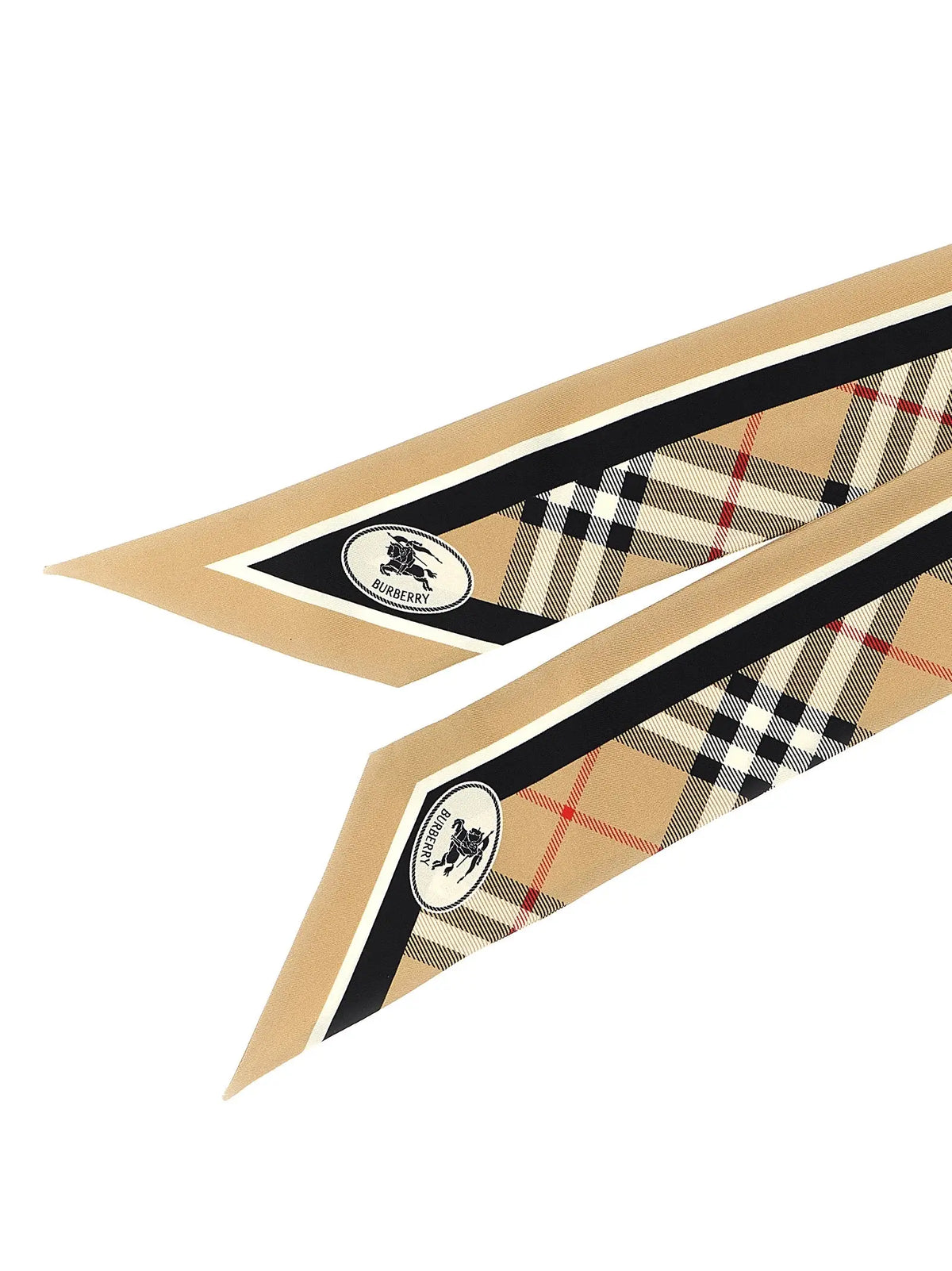 Écharpe burberry beige en satin à motif tartan noir avec accents rouges et logo classique aux extrémités