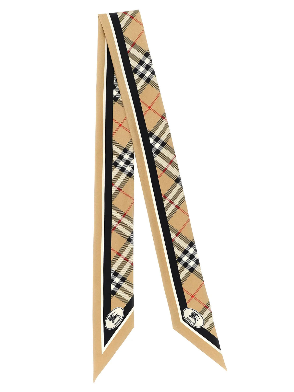 Écharpe burberry beige en satin à carreaux noirs avec accents rouges et marins et logo iconique à chaque extrémité