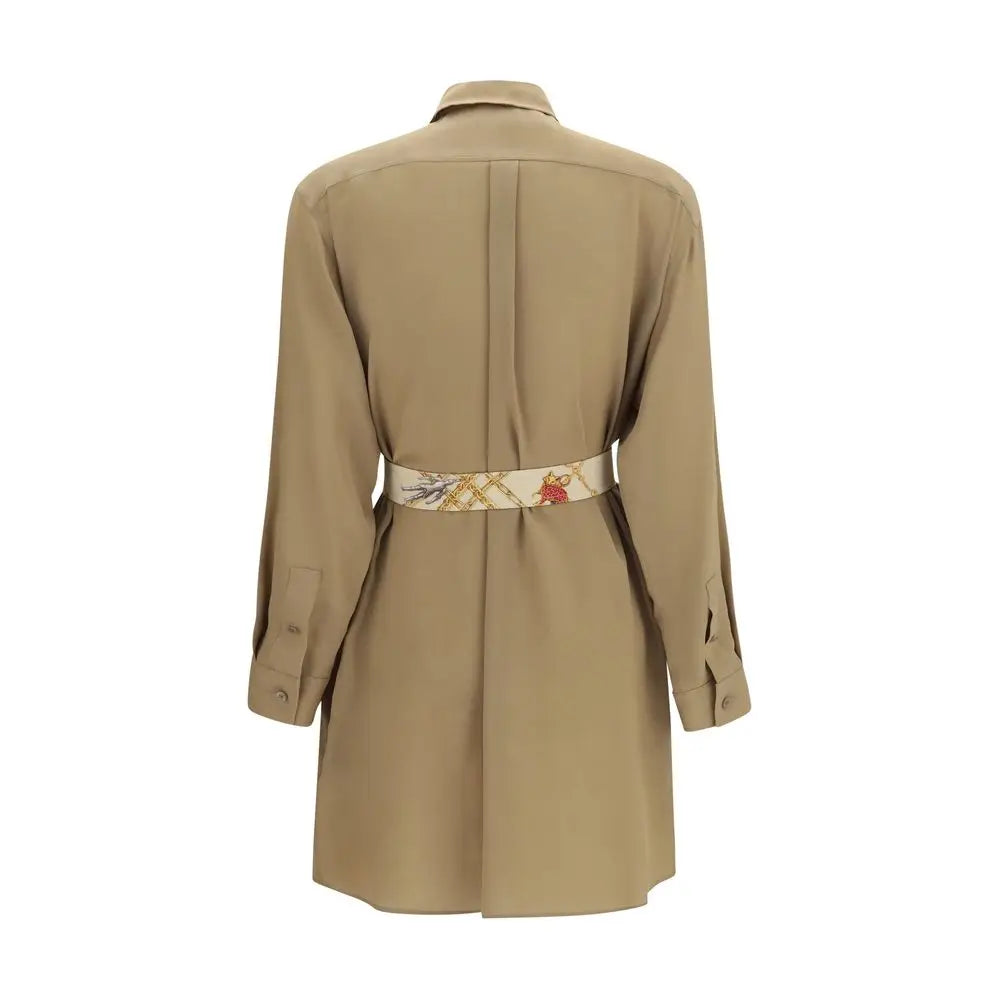 Robe chemise beige burberry en soie à manches longues avec ceinture décorative motifs floraux et géométriques