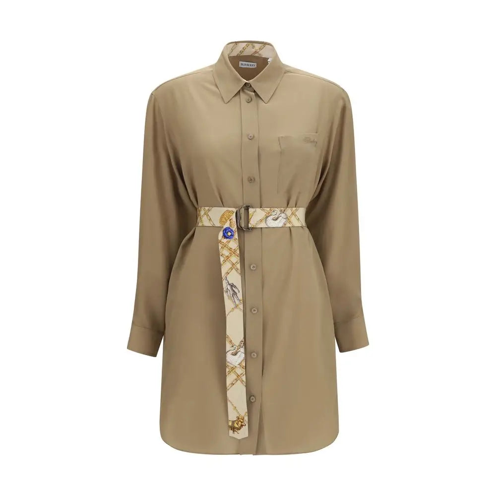 Robe chemise beige en soie burberry avec ceinture à motifs cheval et cavalier pour un style décontracté