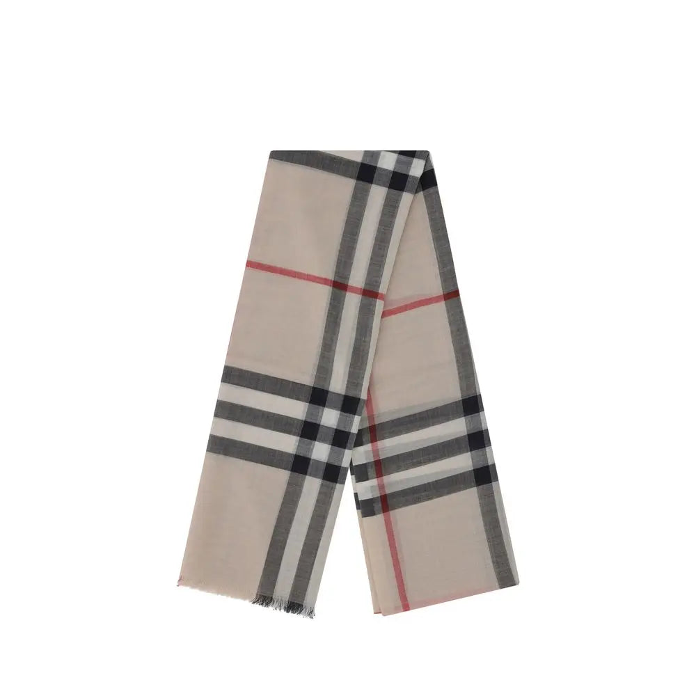 Écharpe burberry beige en soie avec motif check beige, rayures noires, grises et rouges