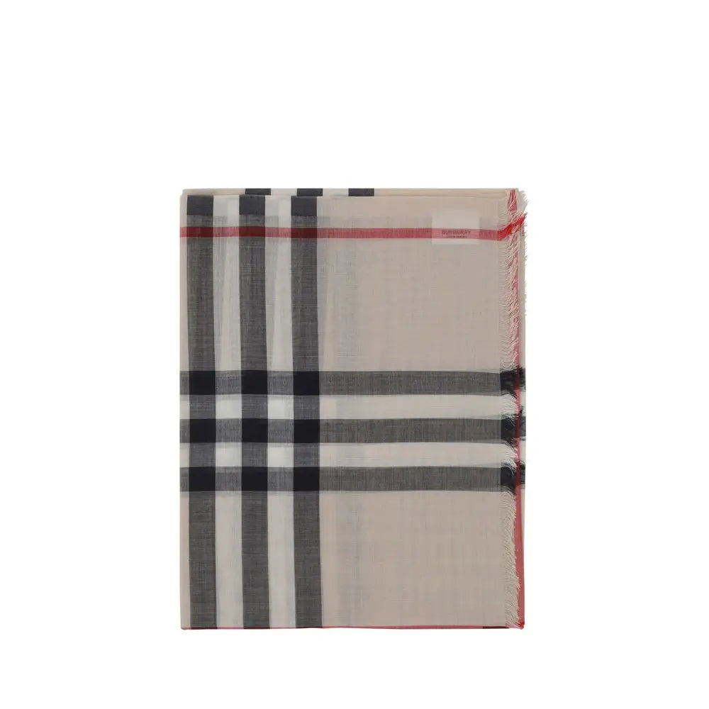 Burberry beige silk foulard scarf with classic beige check and black white red stripes