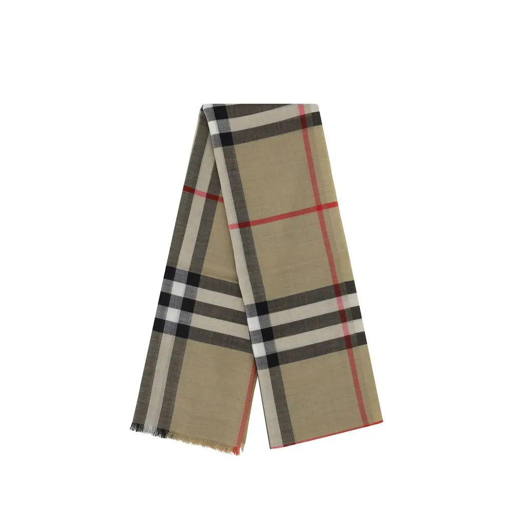 Beige burberry silk foulard scarf featuring classic check pattern with black white and red stripes