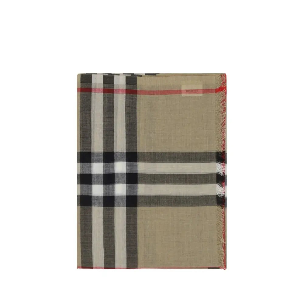 Burberry beige silk foulard with classic check pattern in black white and red stripes