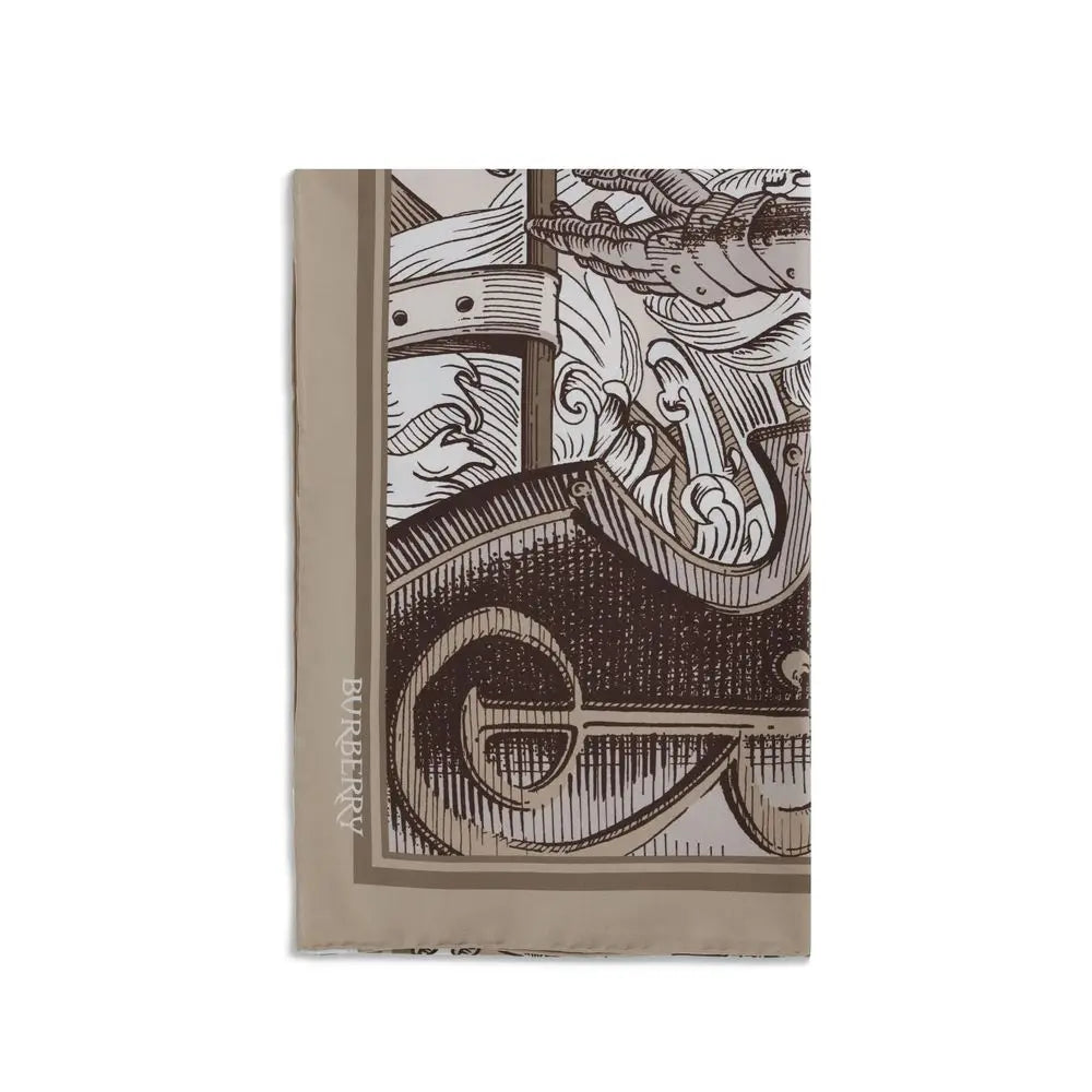 Beige burberry silk scarf with intricate black and white engraved design of ornate armor and scrollwork