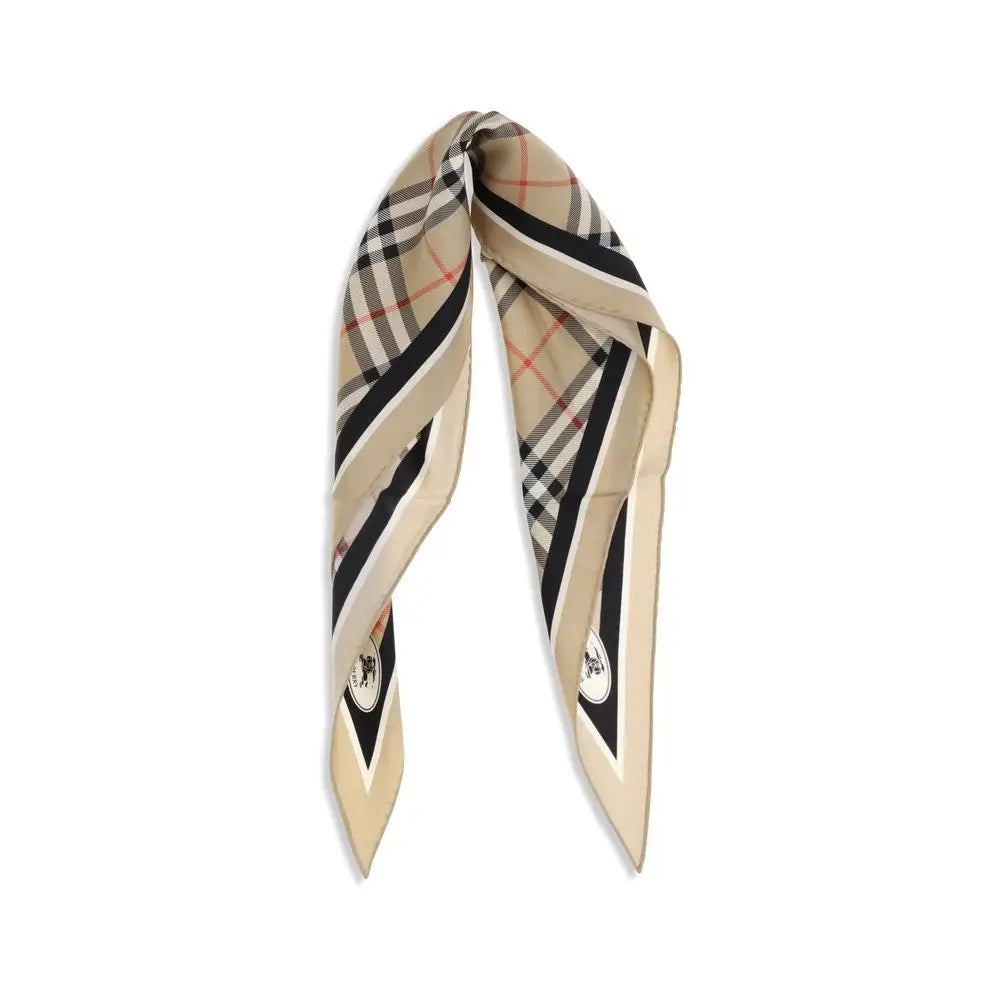 Burberry beige silk scarf with black and red plaid accents featuring classic Burberry check pattern