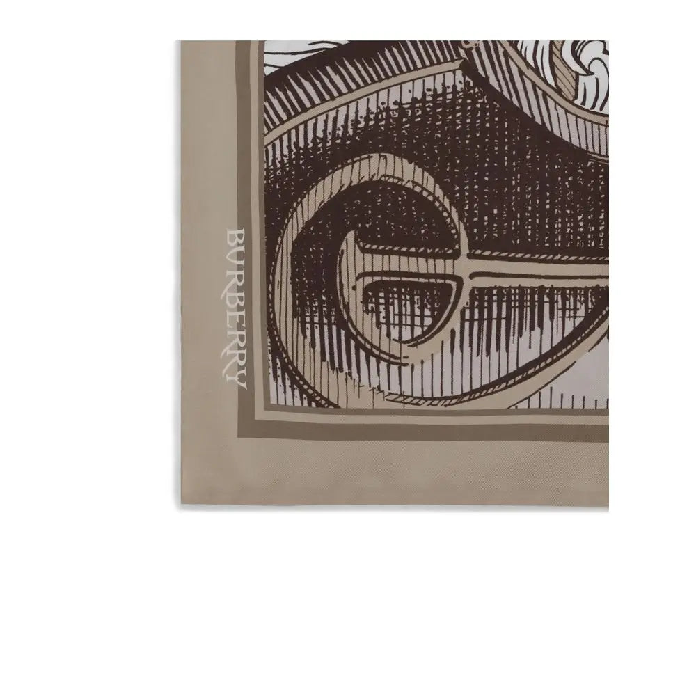 Beige burberry silk scarf featuring a detailed black and white sketch style logo design