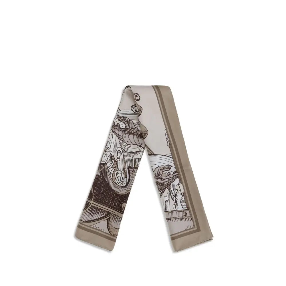 Burberry beige silk scarf with intricate black and white hands holding steaming cup illustration and taupe trim