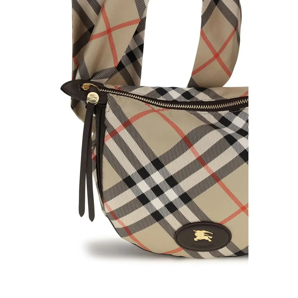 Sac bandoulière en soie beige burberry avec ceinture en tartan beige noir et rouge et plaque logo dorée