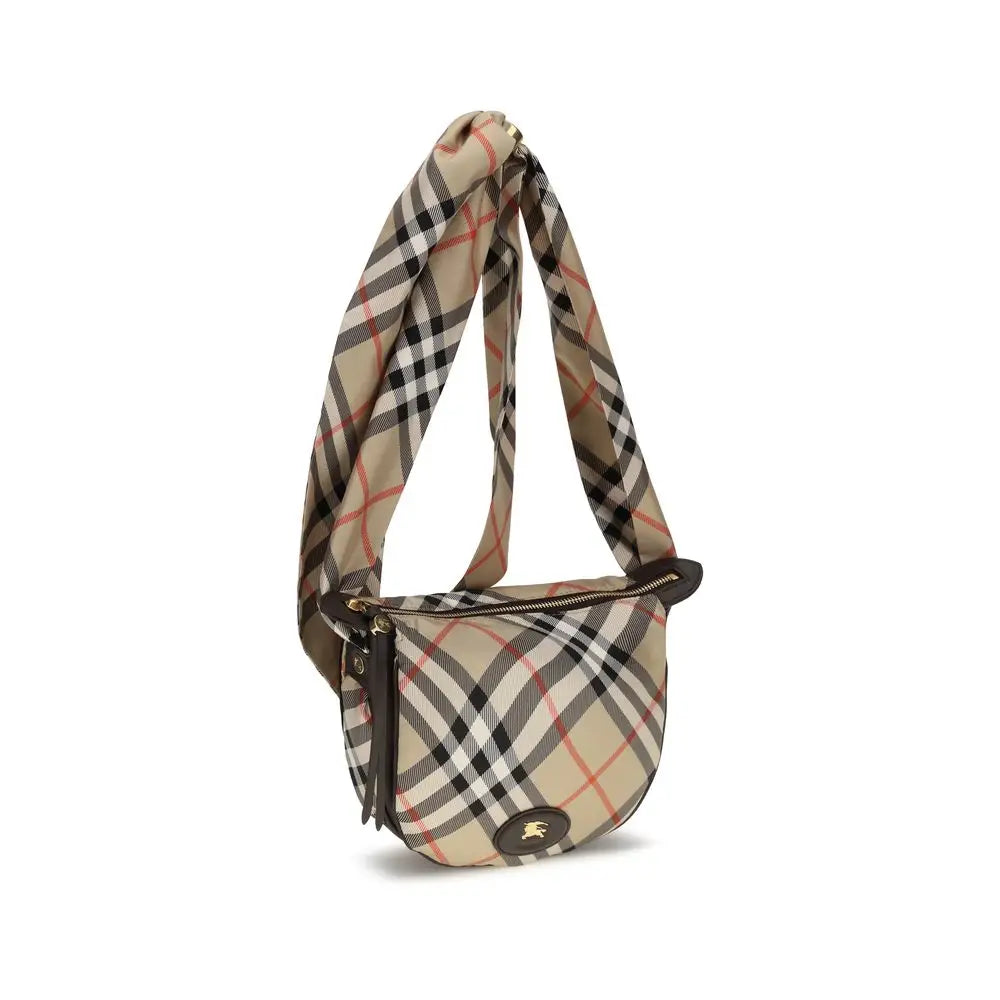 Sac à épaule burberry beige en soie avec motif tartan beige noir et rouge et plaque logo signature