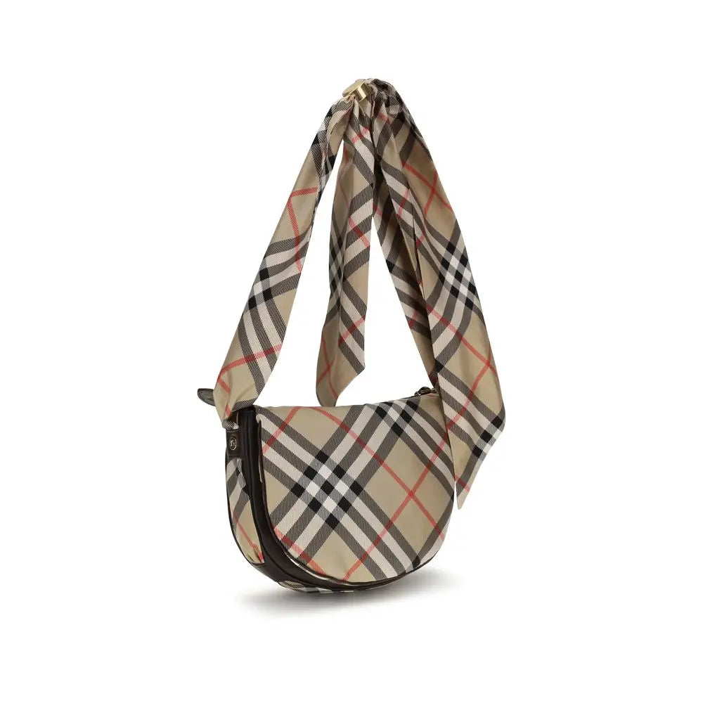 Burberry beige silk shoulder bag with beige black and red checkered scarf strap and sleek leather trim