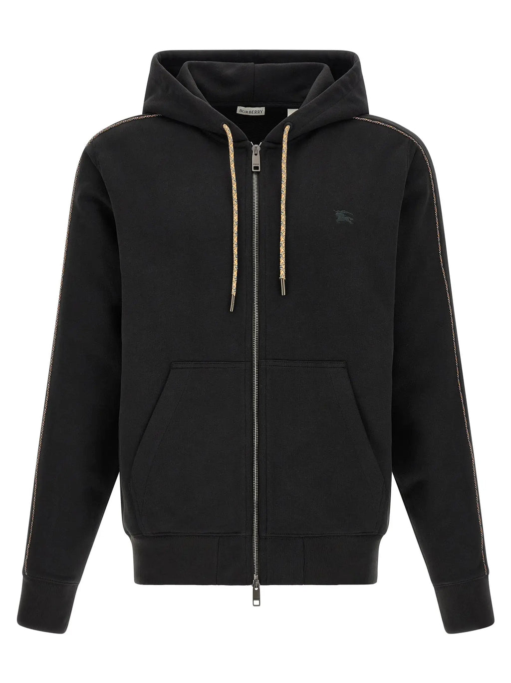 Burberry sweat-shirt noir en coton avec capuche zippée, cordons dorés et couture blanche subtile aux manches