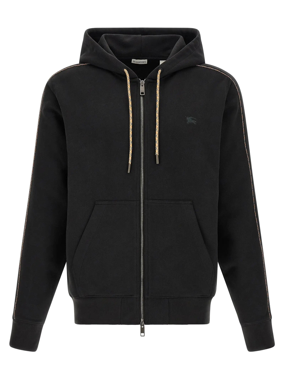 Burberry sweat-shirt noir en coton avec capuche zippée, cordons dorés et couture blanche subtile aux manches
