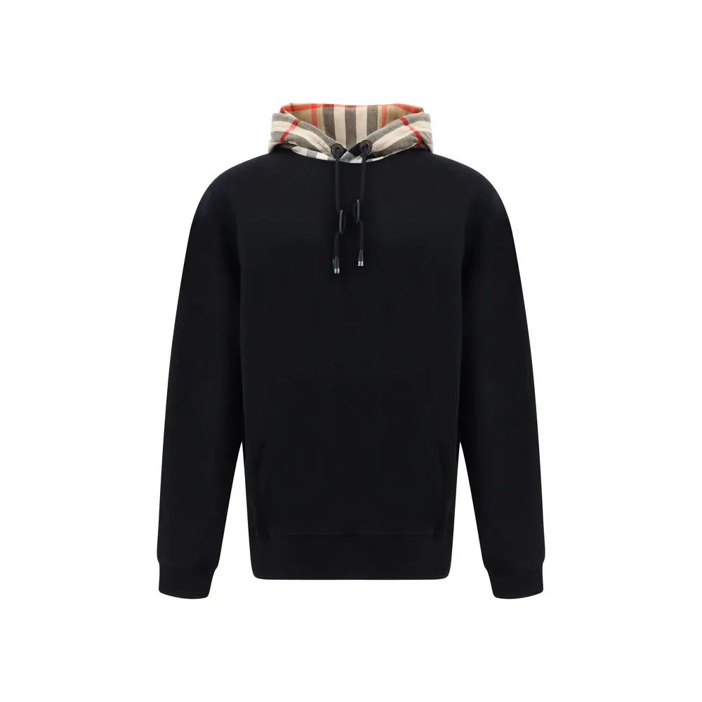 Sweatshirt burberry noir en coton avec capuche doublure rayée contrastante et cordons ajustables