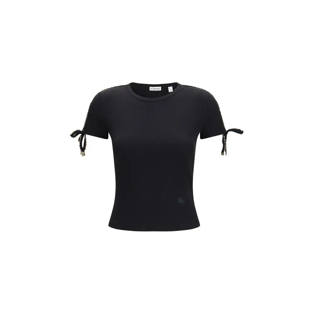 Burberry t-shirt cropped noir en coton avec manches courtes nouées et petit logo sur le bas devant