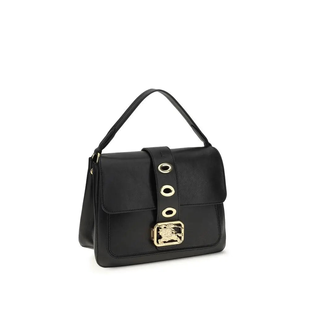 Sac à main burberry noir en cuir dagneau avec emblème lion doré et trois clous circulaires sur le rabat avant