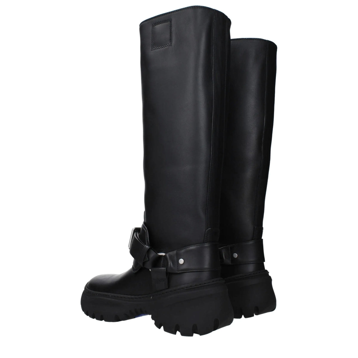 Burberry bottes noires en cuir montant au genou avec semelle épaisse et boucle décorative à la cheville