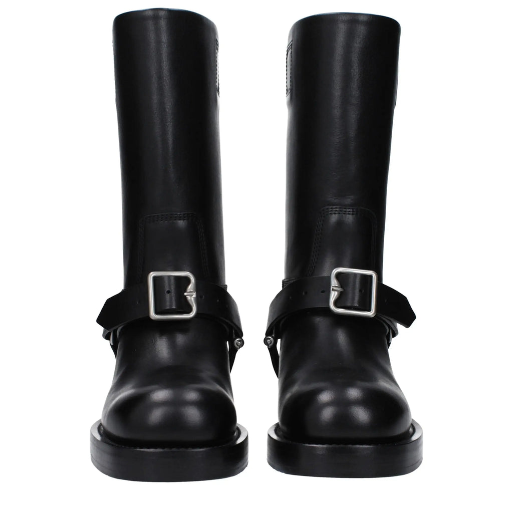 Bottes burberry en cuir noir à tige haute avec boucles argentées et semelles épaisses