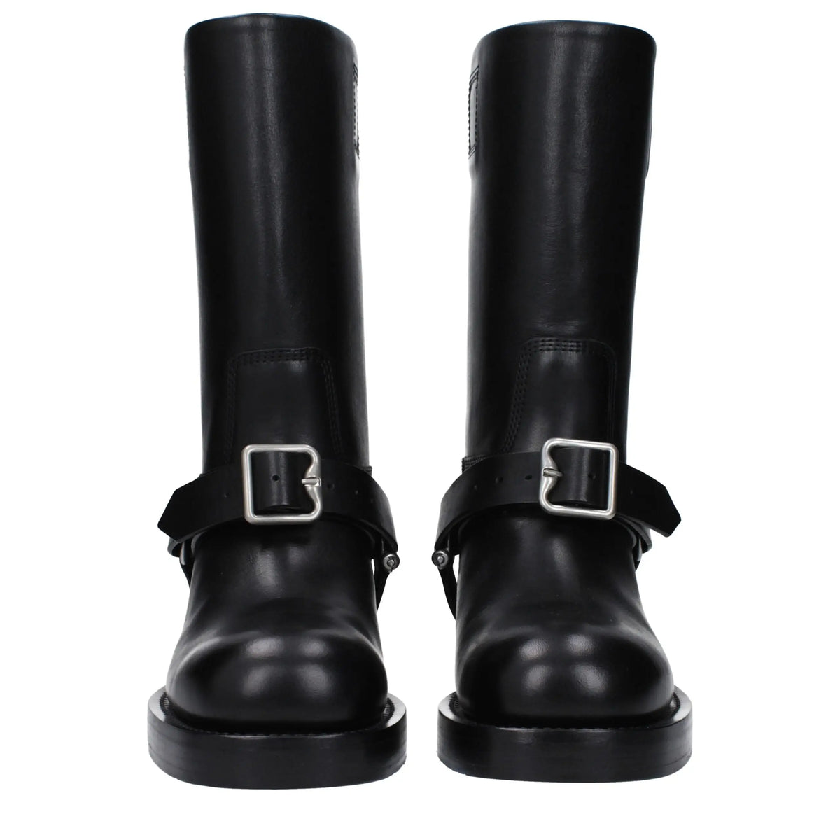 Bottes burberry en cuir noir à tige haute avec boucles argentées et semelles épaisses