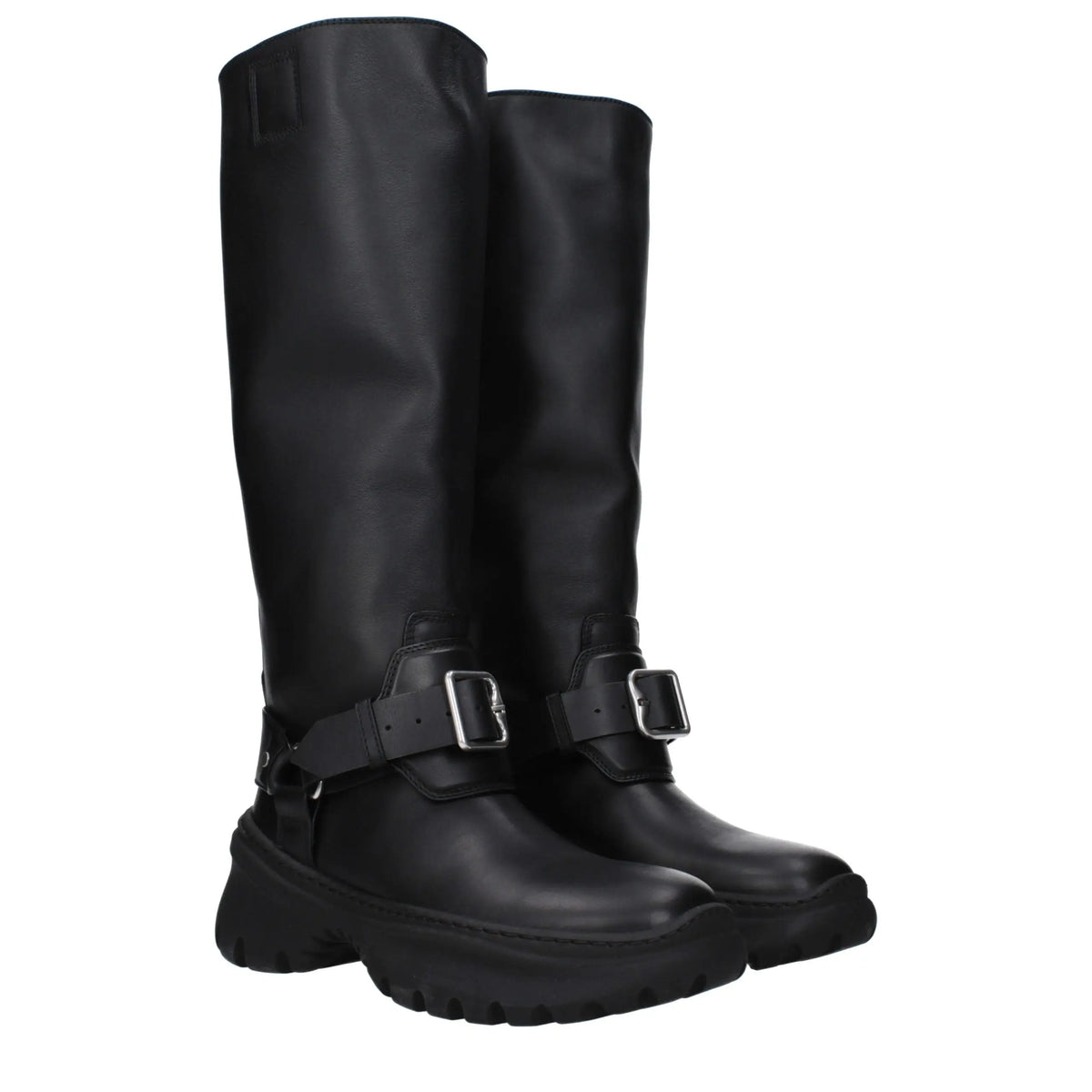 Bottes burberry en cuir noir montantes avec sangles à boucles argentées et semelle épaisse