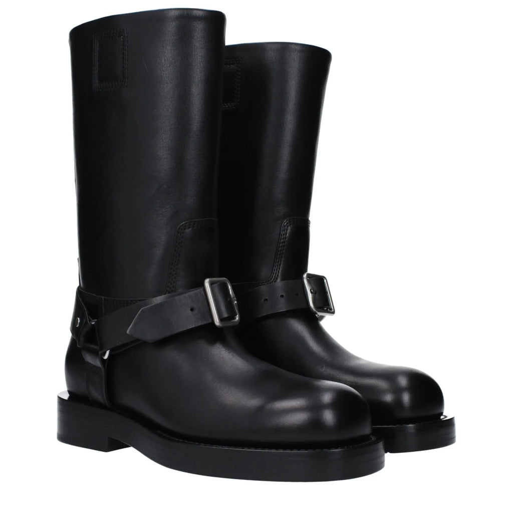 Bottes burberry en cuir noir avec boucles argentées et semelle épaisse de style biker