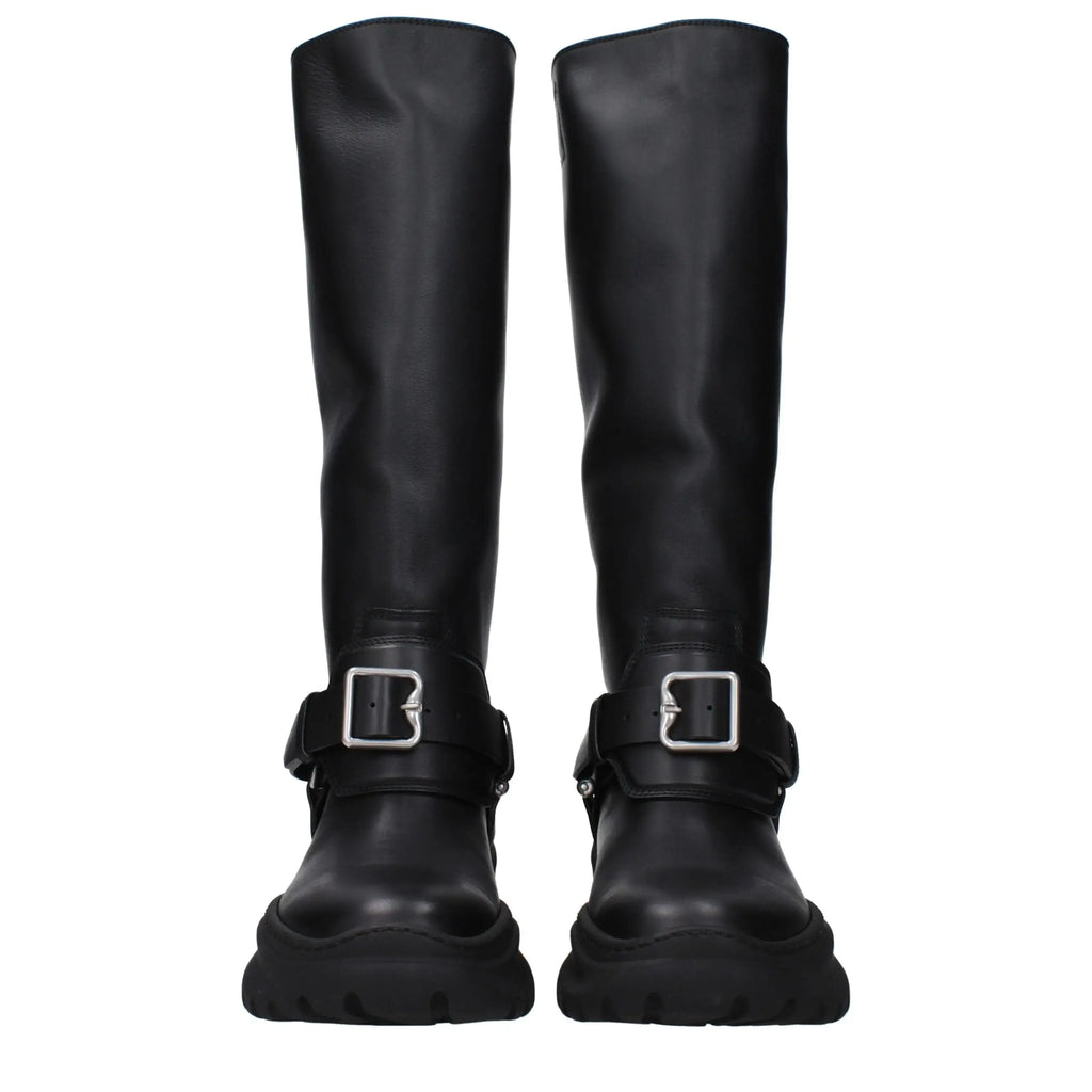 Bottes burberry en cuir noir à hauteur de genou avec boucles argentées et semelles à plateforme robustes