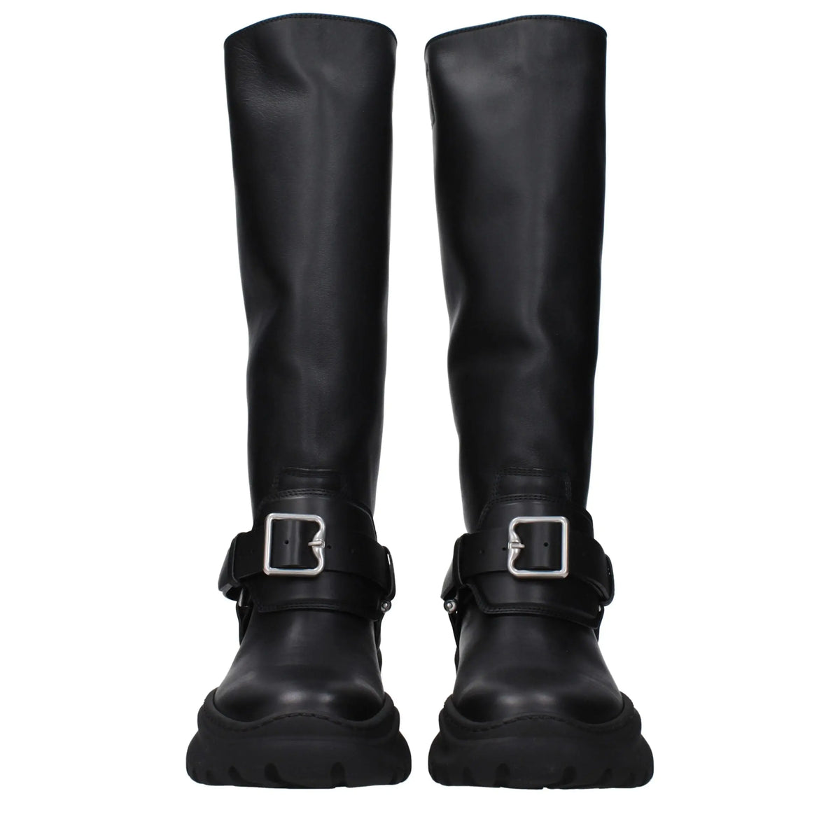 Bottes burberry en cuir noir à hauteur de genou avec boucles argentées et semelles à plateforme robustes