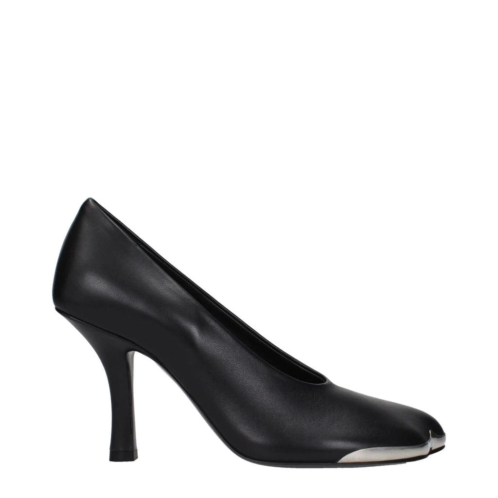 Burberry black leather high heel pumps with sleek minimalist design and metallic toe cap