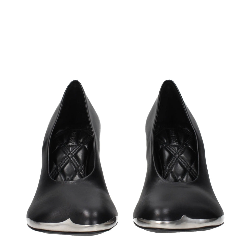 Burberry black leather high heel pumps with sleek modern design and metallic silver toe caps