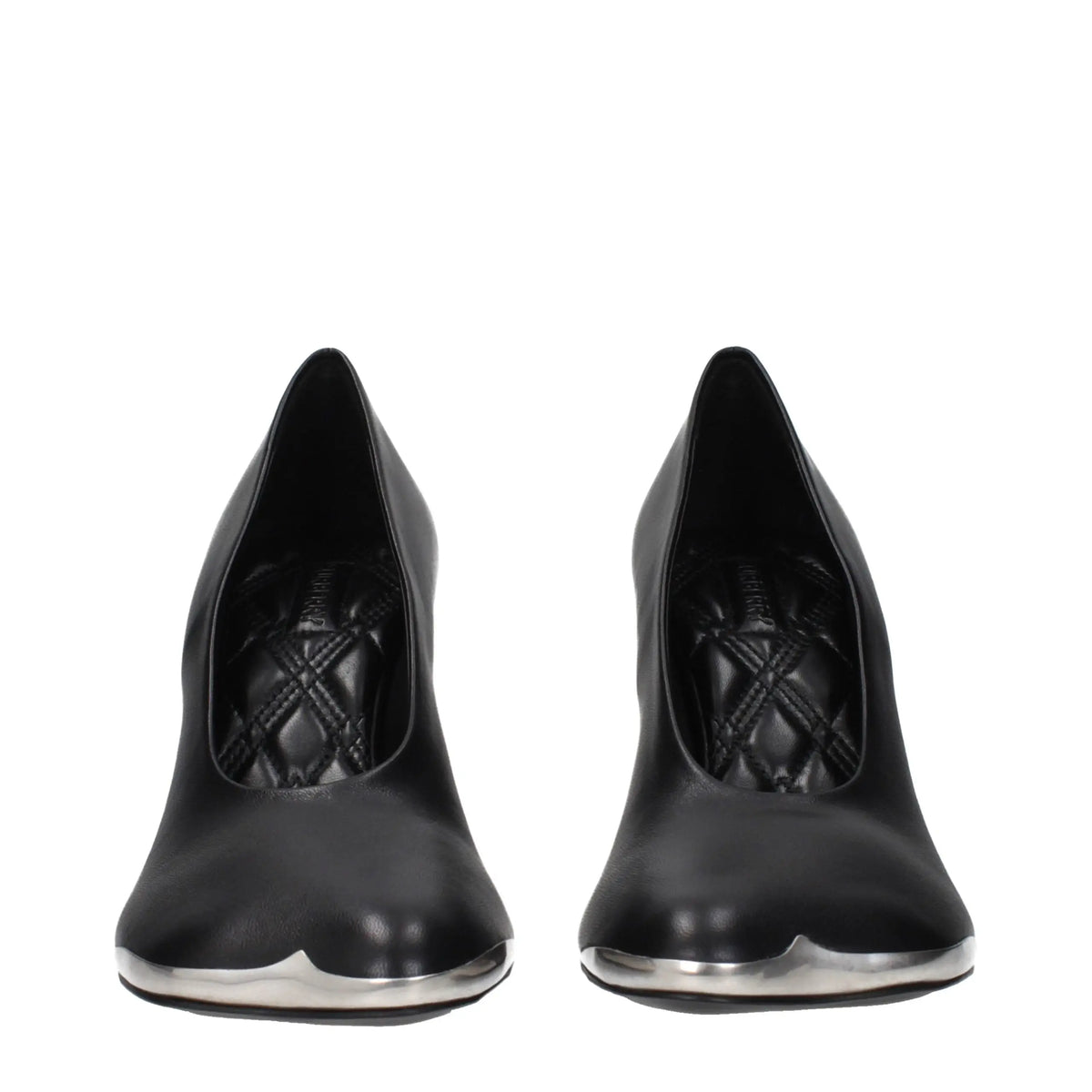 Burberry black leather high heel pumps with sleek modern design and metallic silver toe caps