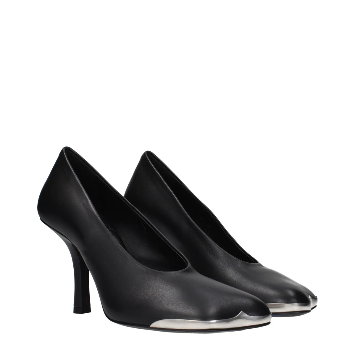 Burberry black leather high heel pumps with sleek metallic silver toe caps and slender heels