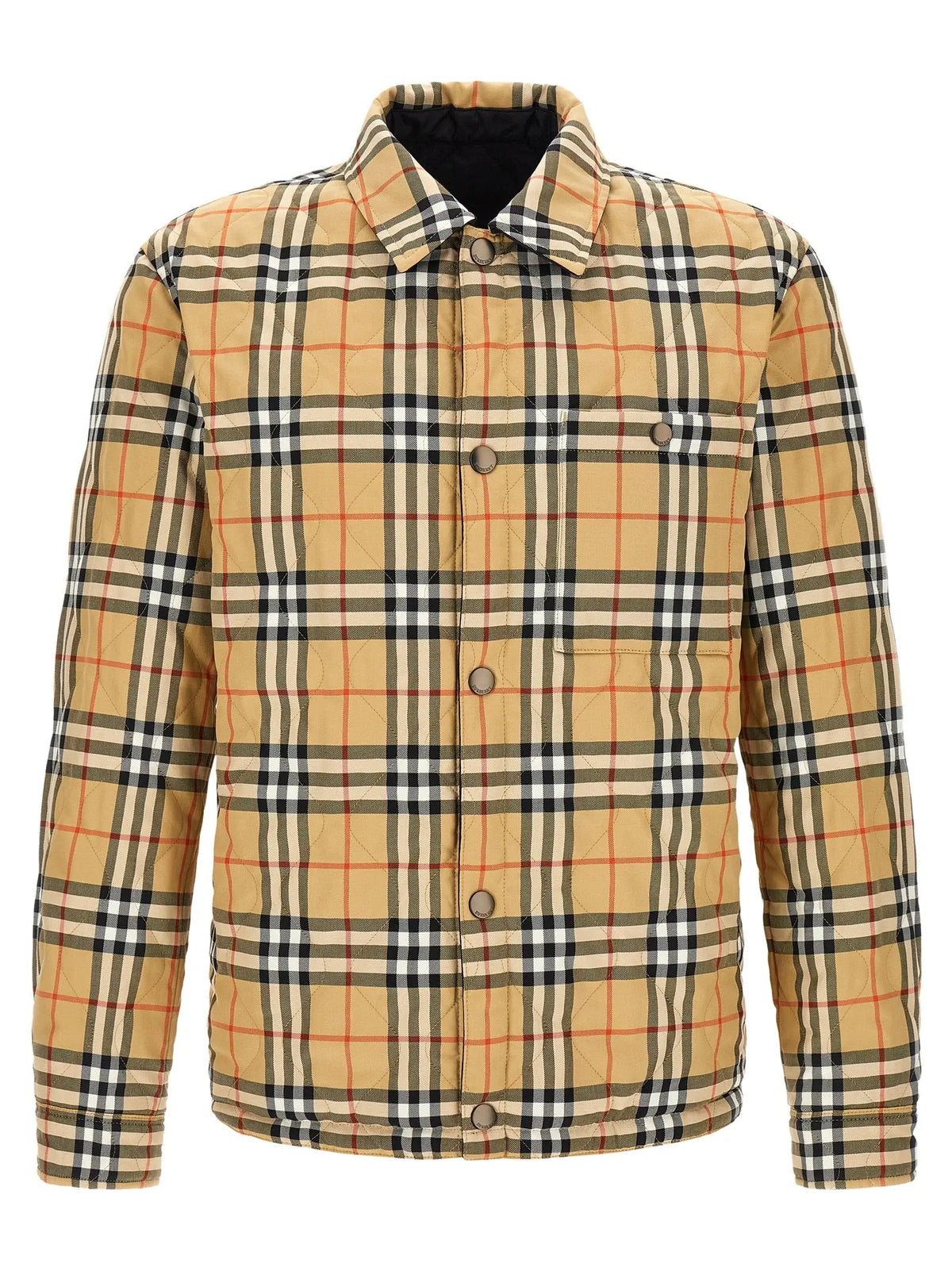 Veste burberry noire en polyamide pleine longueur beige et noire à carreaux matelassée avec accents orange et fermeture boutonnée classique