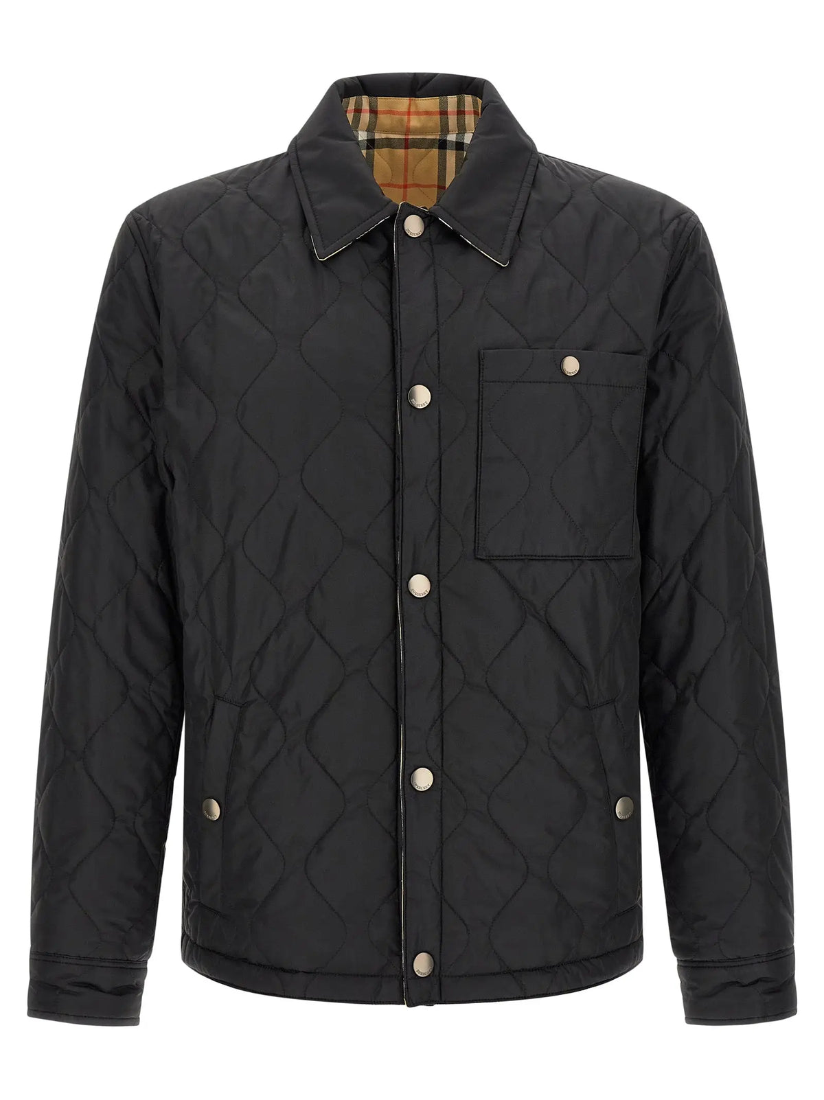Veste burberry noire matelassée en polyamide pleine longueur avec col classique et boutons marron clair doublure burberry iconic