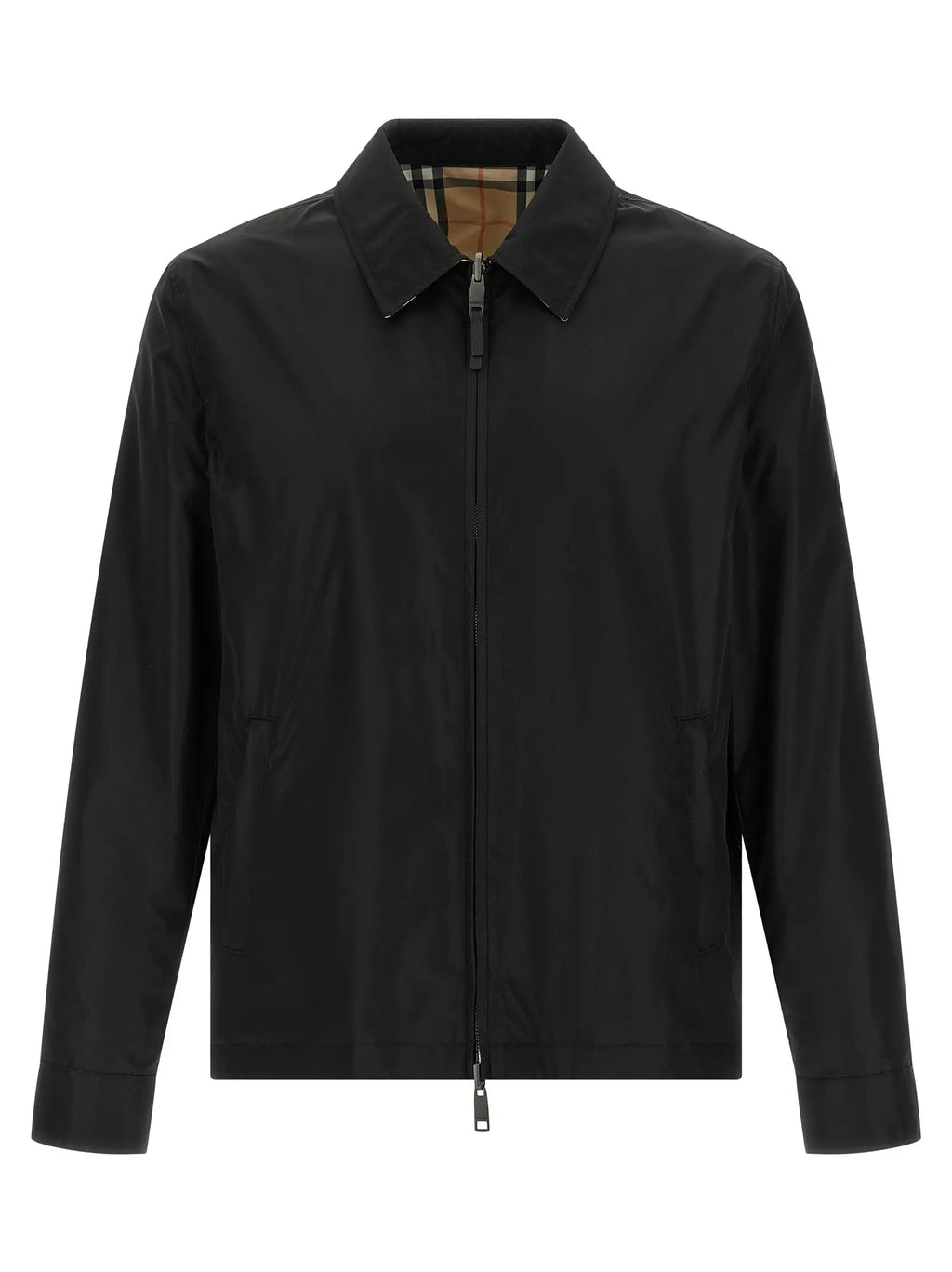 Veste burberry noire en polyamide avec col classique et doublure à carreaux signature visible sur le revers