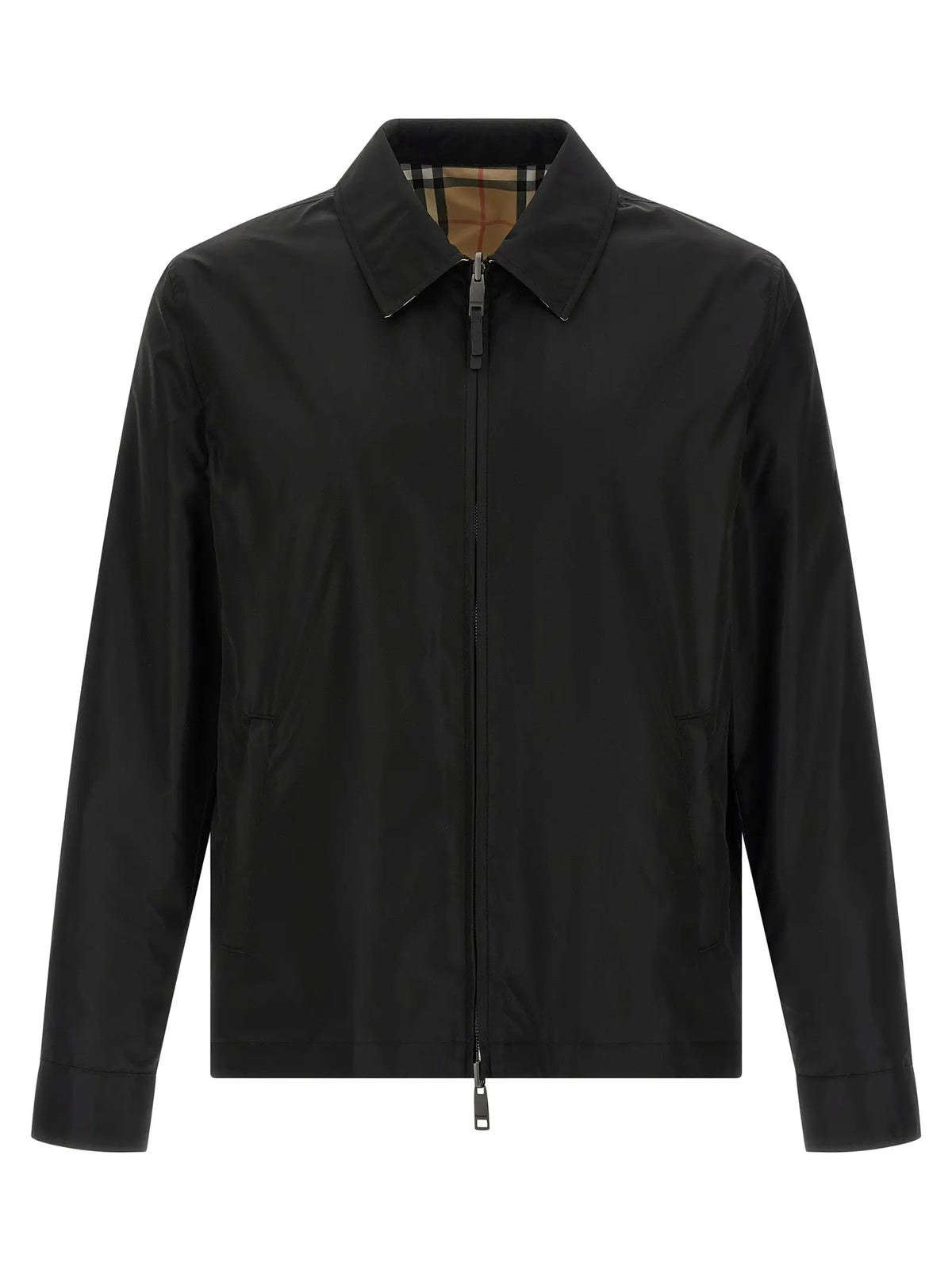 Veste burberry noire en polyamide avec col classique et doublure à carreaux signature visible sur le revers