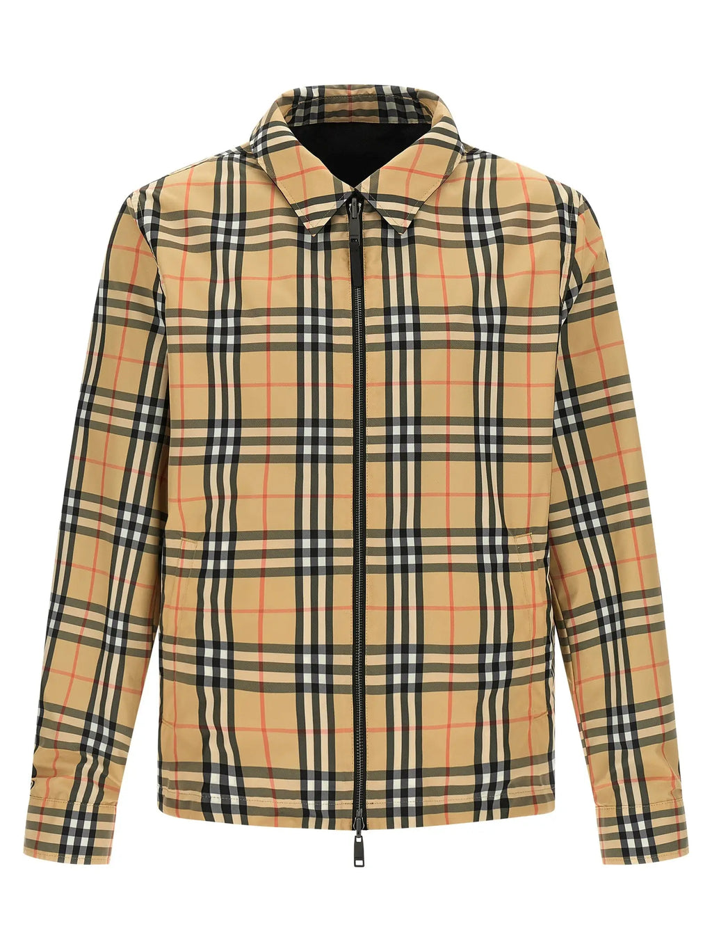 Veste burberry noire en polyamide avec fermeture éclair complète à motif beige noir et blanc à carreaux