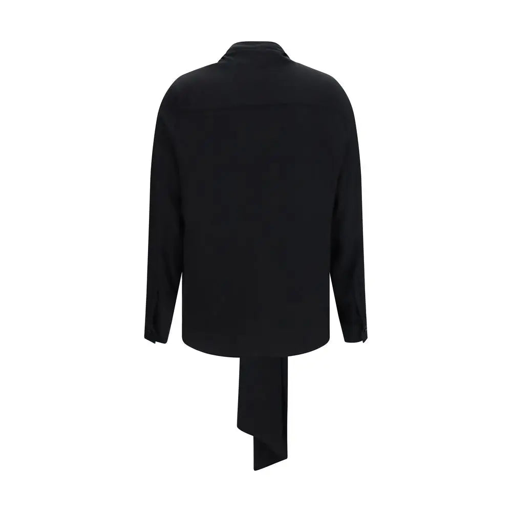Blouse en soie noire burberry vue de dos avec lien asymétrique distinctif sur le dos manches longues